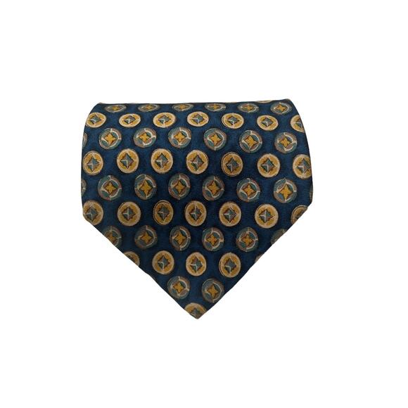 Burberrys of London Vintage Blue Yellow Gold Medallion Print 100% Silk Neck Tie - Picture 2 of 7